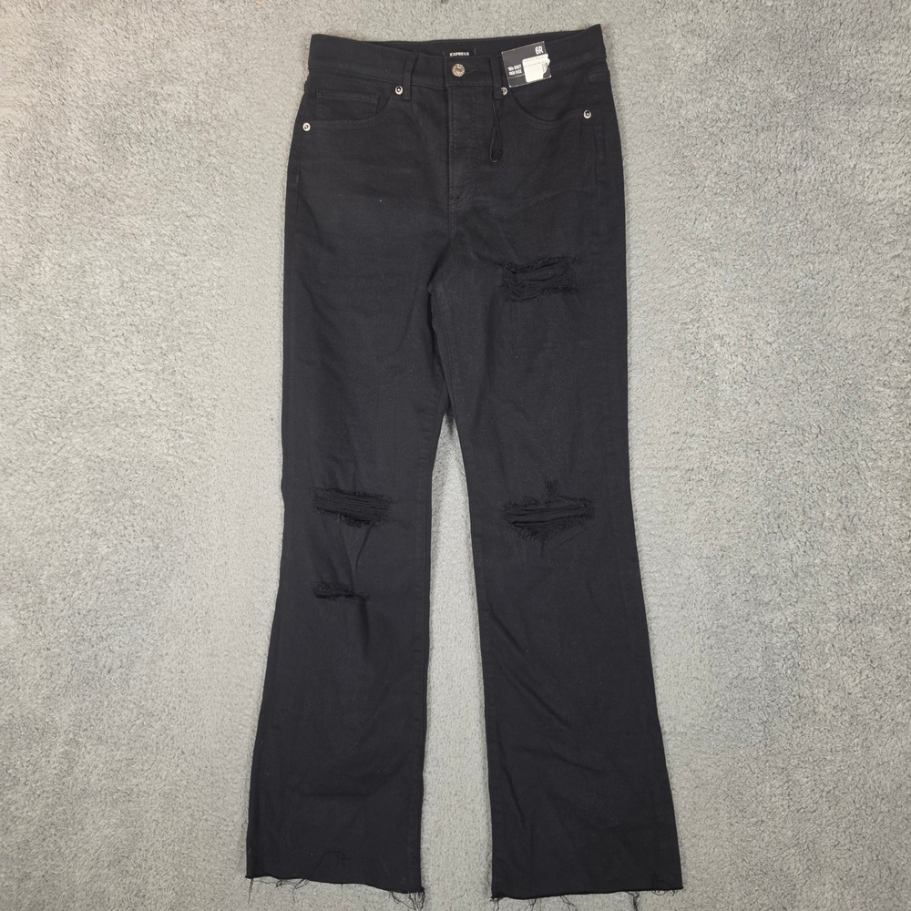 Express 90s Bootcut Jeans Womens 6R Black New High Rise Raw Hem Distressed - Picture 2 of 10